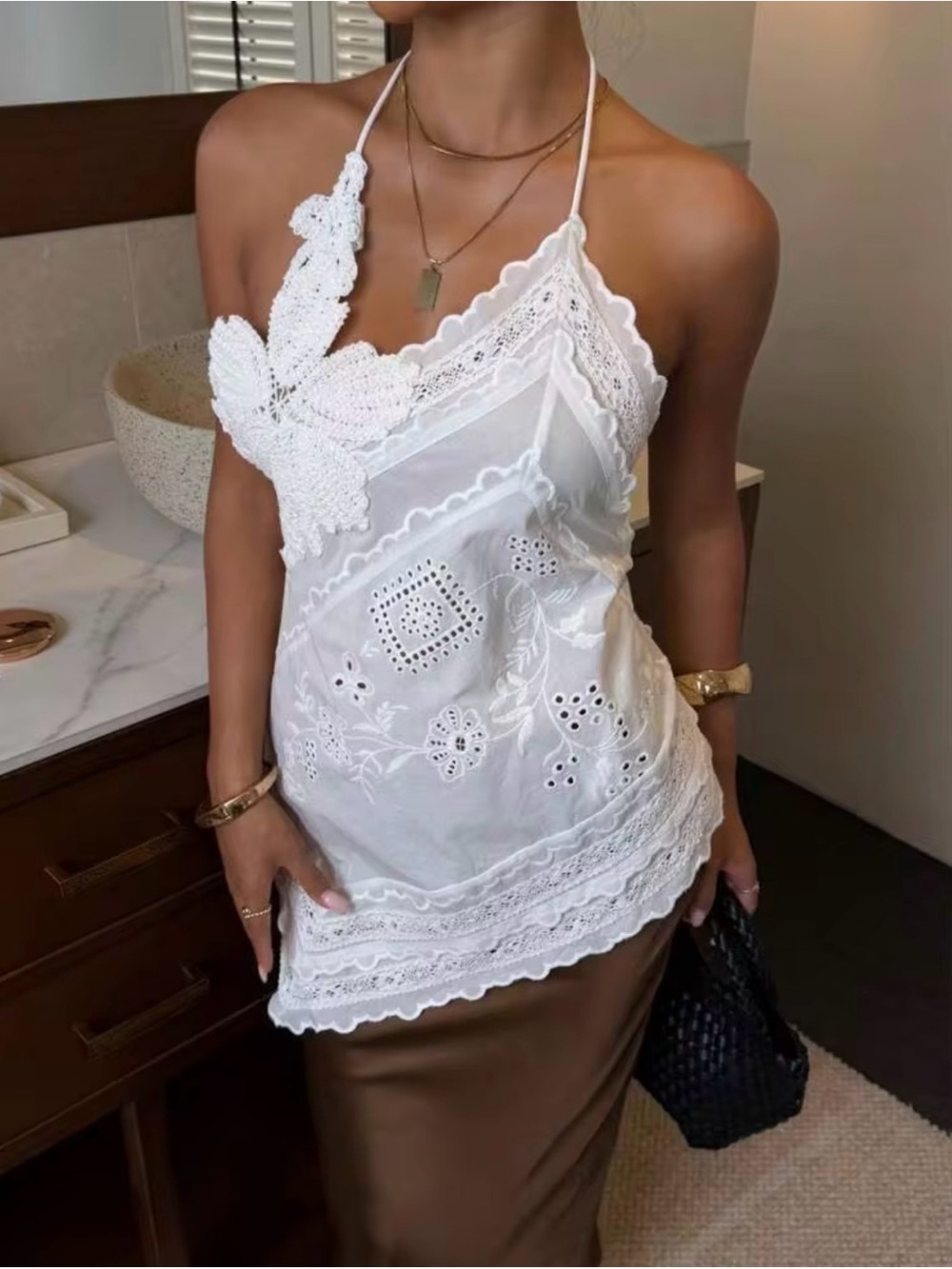 White Lace Appliqué Halter Camisole Top